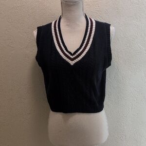 Navy and White V-Neck Cable Knit Women's Top